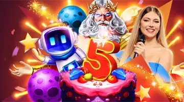 Image featuring characters such as Zeus and a robot, promoting the 5-year anniversary Pragmatic Tournament at Aurora Casino, with a colorful and festive design.