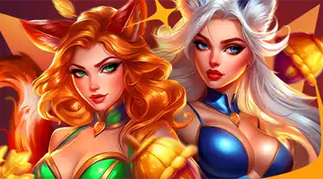 Image featuring two fierce female characters with fox and cat ears, promoting the Golden Fall Tournament at Aurora Online Casino with a vibrant and competitive theme.