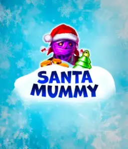  Discover the quirky "Santa Mummy" slot game by Belatra, showcasing a Santa-clad mummy decked out in festive holiday attire. This vibrant image portrays the mummy with a vivid purple hue, wearing a Santa hat, against a backdrop of snowy blue with icy snowflakes. The game's title, "Santa Mummy," is clearly shown in large, cool blue letters.