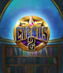 Experience the magical visuals of ELK Studios' Cygnus 2 Slot, showcasing a stunning golden emblem with a vibrant design in purple and gold. Set against a celestial library setting, this image conjures the spirit of mystical exploration. 